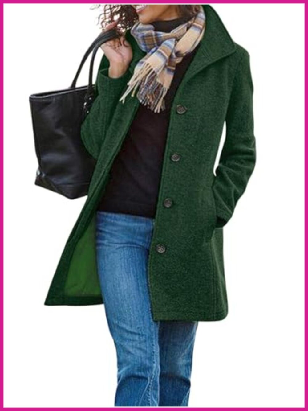 Wool Blend Pea Coat Stand Collar Single Breasted Midi Thigh Length